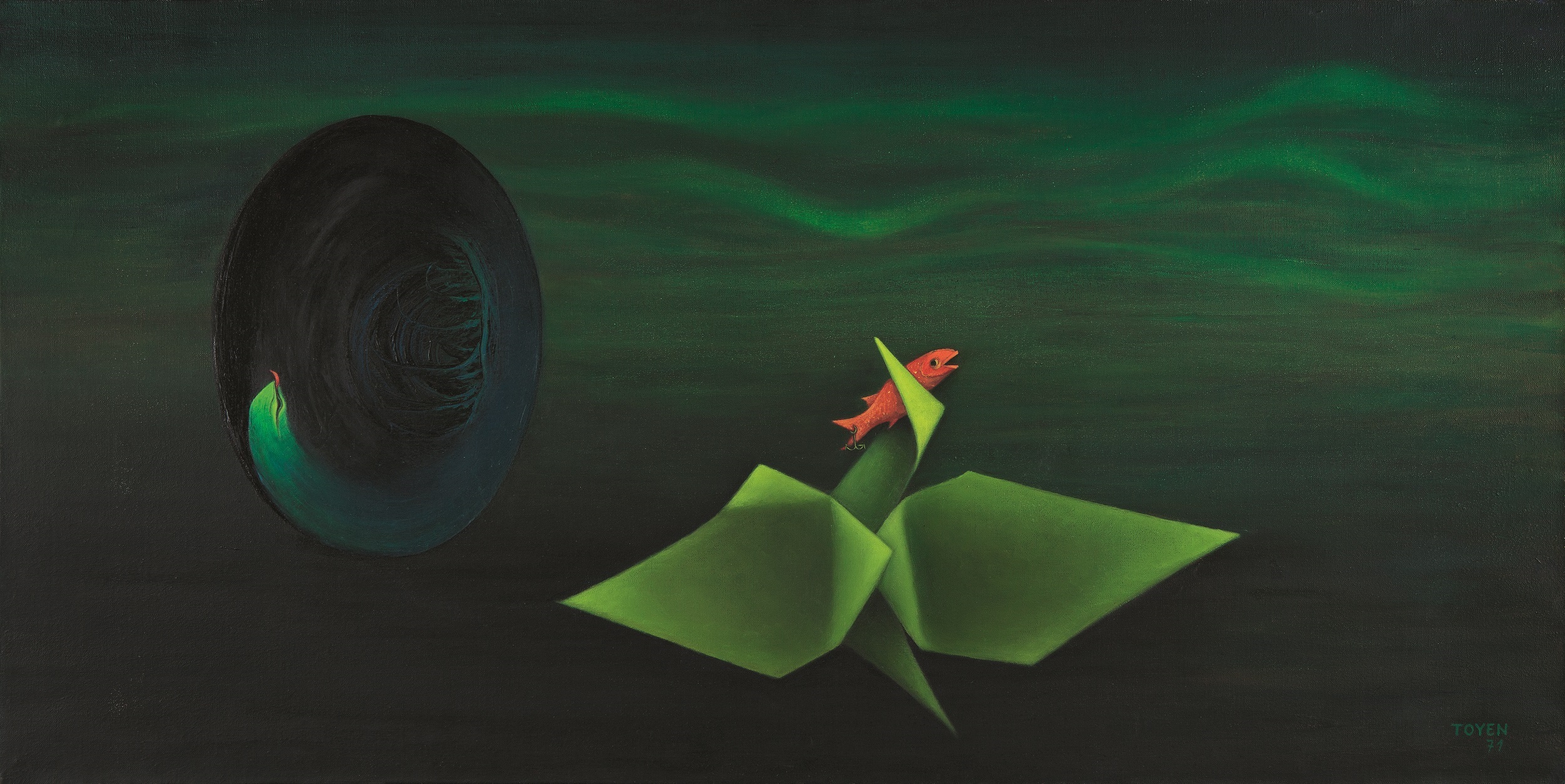 TOYEN (1902-1980), Die Falle der Wirklichkeit, 1971, Öl auf Leinwand, 50 x 100 cm, VG Bild-Kunst, Bonn 2021