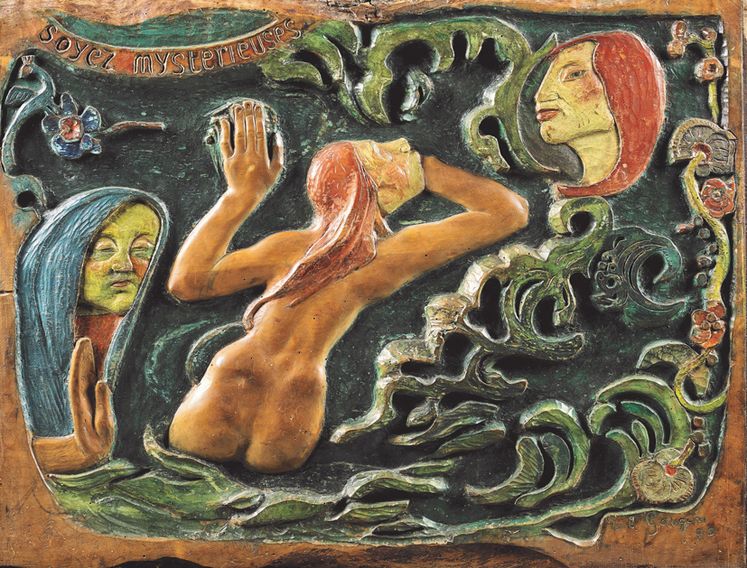 Paul Gauguin (1848–1903) Seid geheimnisvoll (Soyez mystér-ieuses), 1890 Lindenholz, bemalt, mit Spuren von dunklem Farbstift, 73 x 95 x 5 cm Musée d’Orsay, Paris © bpk / RMN – Grand Palais, Paris Foto: Tony Querrec