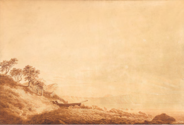Caspar David Friedrich, Blick auf Arkona bei  aufgehender Sonne um 1802, Bleistift, Pinsel in Rotbraun,  66,4 × 99 cm Hamburger Kunsthalle, Kupferstichkabinett
