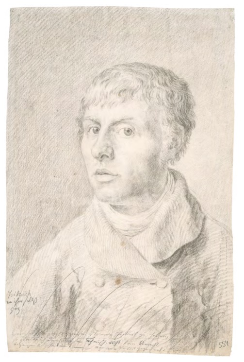 Caspar David Friedrich, Selbstbildnis um 1800, schwarze Kreide,  42 × 27,6 cm  Statens Museum for Kunst,  Den Kongelige Kobberstiksamling, Kopenhagen