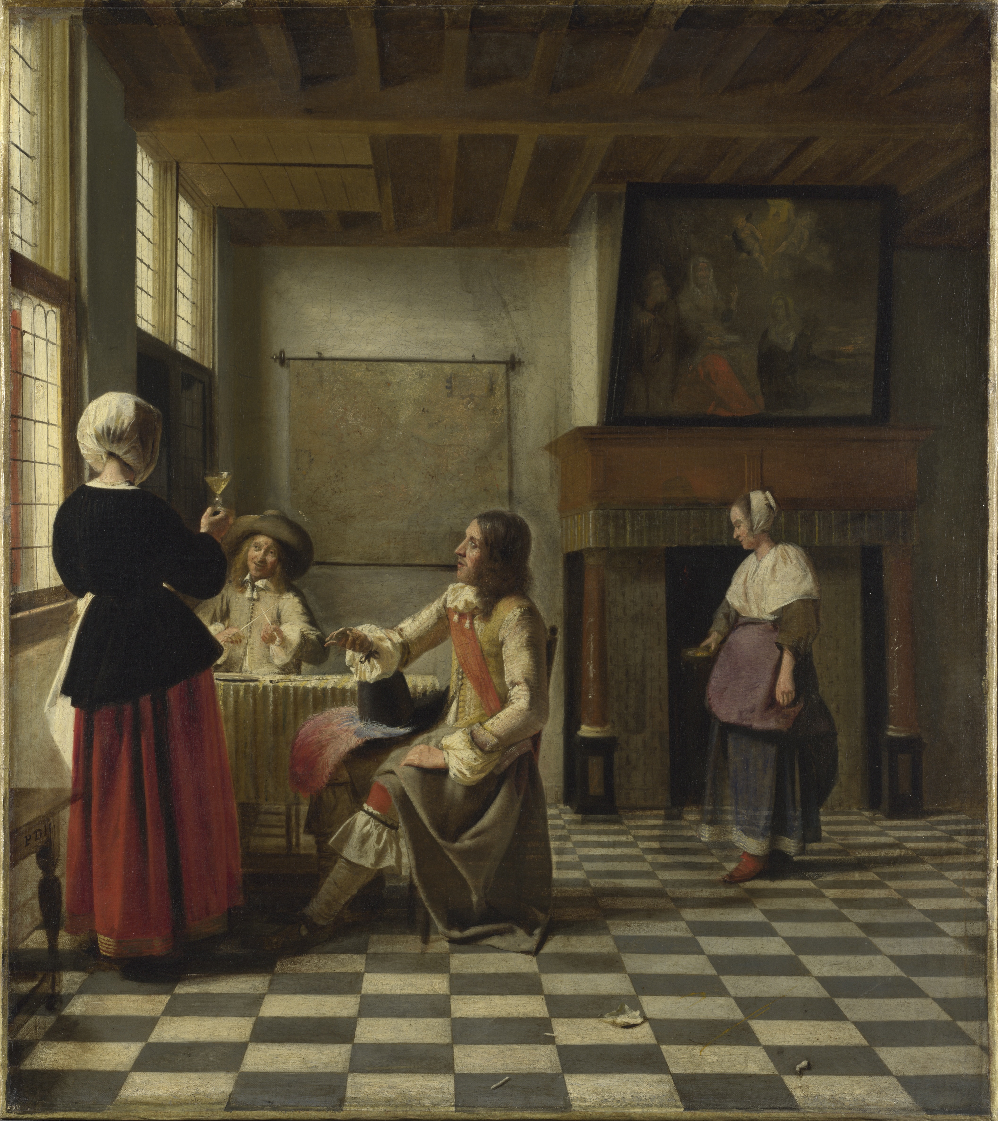 Pieter de Hooch, Eine in Gesellschaft von zwei Männern trinkende Frau, um 1658, London, The National Gallery