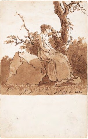 Caspar David Friedrich, Auf einem Felsen sitzende Frau 1801, Feder und Pinsel in Braun  über Bleistift, 18,6 × 11,9 cm  Staatliche Kunstsammlungen  Dresden, Kupferstich-Kabinett