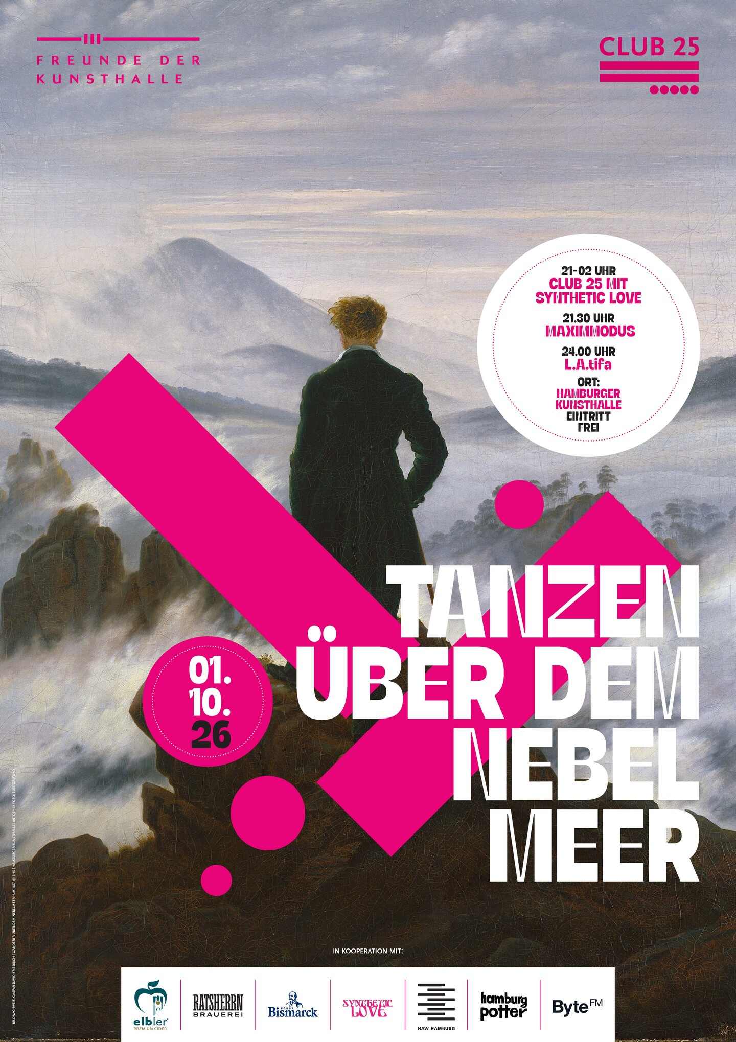 Plakat mit dem Wanderer über dem Nebelmeererson, pinkes Grafik-Overlay mit Text "TANZEN ÜBER DEM MEER"