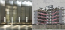 links: Installationsansicht Thea Djordjadze, portio n. Portikus, Fankfurt a.M, Foto, Diana Pfammatter, rechts: Detail, Edi Hila, House Surrounded by Wall, 2000, (c) Edi Hila, Foto: Rebecca Fanuele 