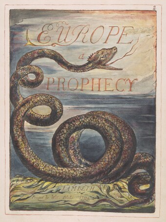 William Blake (1757–1827) Europa, eine Prophezeiung, Titelseite (Europe a Prophecy, title page), 1794, Relief- und Weißlinienradierung, koloriert, 30,3 x 23,1 cm The Fitzwilliam Museum, Cambridge © The Fitzwilliam Museum, University of Cambridge William Blake (1757–1827) Europa, eine Prophezeiung, Titelseite (Europe a Prophecy, title page), 1794, Relief- und Weißlinienradierung, koloriert, 30,3 x 23,1 cm The Fitzwilliam Museum, Cambridge © The Fitzwilliam Museum, University of Cambridge