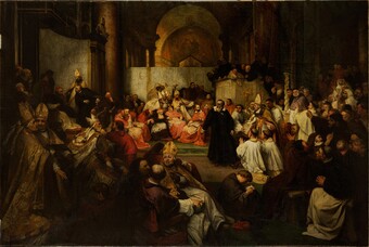 Friedrich Karl Hausmann (1825–1886), Galilei vor dem Konzil, 1861, Öl auf Leinwand, 282 x 429 cm © Archiv Hamburger Kunsthalle, Foto: Christoph Irrgang Friedrich Karl Hausmann (1825–1886), Galilei vor dem Konzil, 1861, Öl auf Leinwand, 282 x 429 cm © Archiv Hamburger Kunsthalle, Foto: Christoph Irrgang