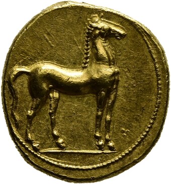 Karthago (350 bis 320 v. Chr.), Rückseite Münze: Gold, Ø 19 mm, 9,56 g © Hamburger Kunsthalle Karthago (350 bis 320 v. Chr.), Rückseite Münze: Gold, Ø 19 mm, 9,56 g © Hamburger Kunsthalle