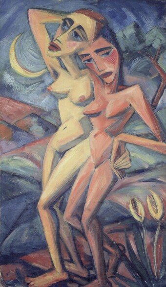 Expressionistisches Gemälde zweier nackter Figuren in Gelb- und Rottönen vor grafischem, blauen Hintergrund