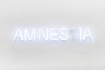 Weißer Text "AMNESIA" auf hellgrauem Hintergrund