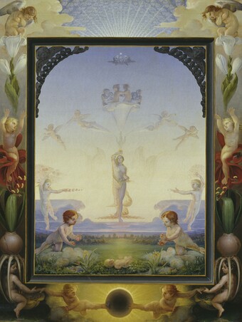 Fantasievolle Gemälde mit Bogenfenster, Springbrunnen und symmetrischen Figuren in Pastellfarben