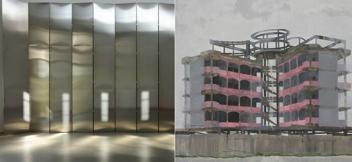 links: Installationsansicht Thea Djordjadze, portio n. Portikus, Fankfurt a.M, Foto, Diana Pfammatter, rechts: Detail, Edi Hila, House Surrounded by Wall, 2000, (c) Edi Hila, Foto: Rebecca Fanuele 