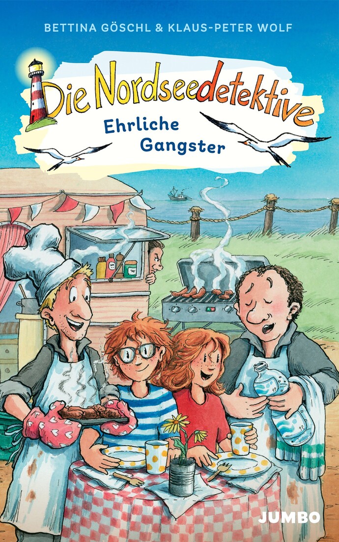 Buchcover zeigt zwei Kinder und zwei Erwachsene vor einer Imbissbude