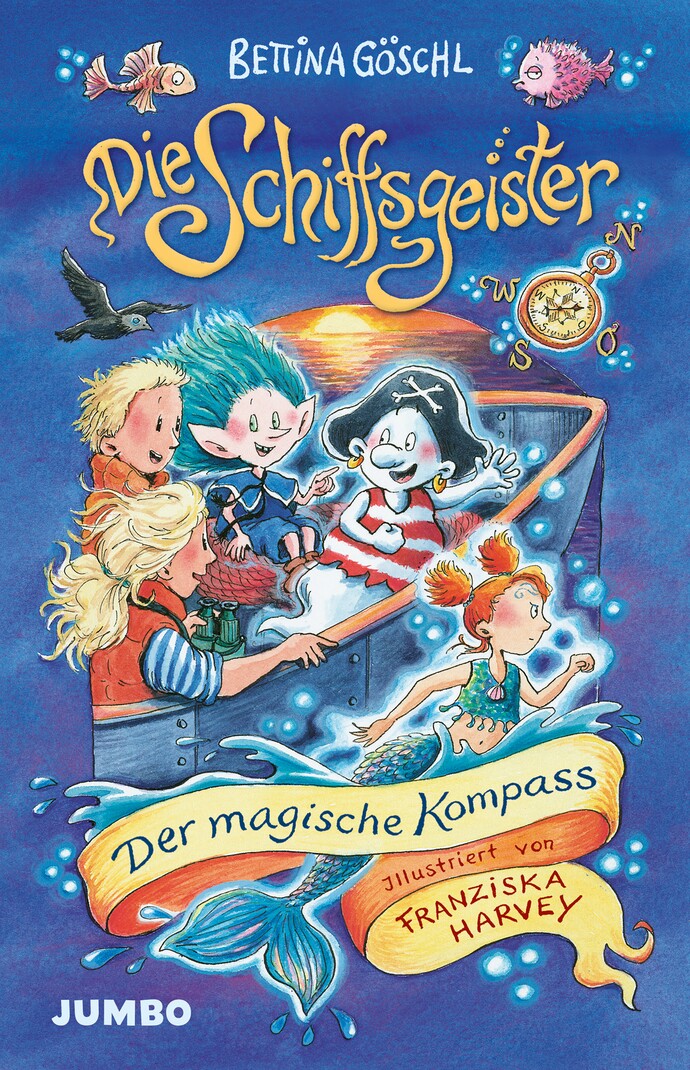 Buntes Kinderbuchcover mit Kindern und Geistern auf blauem Hintergrund