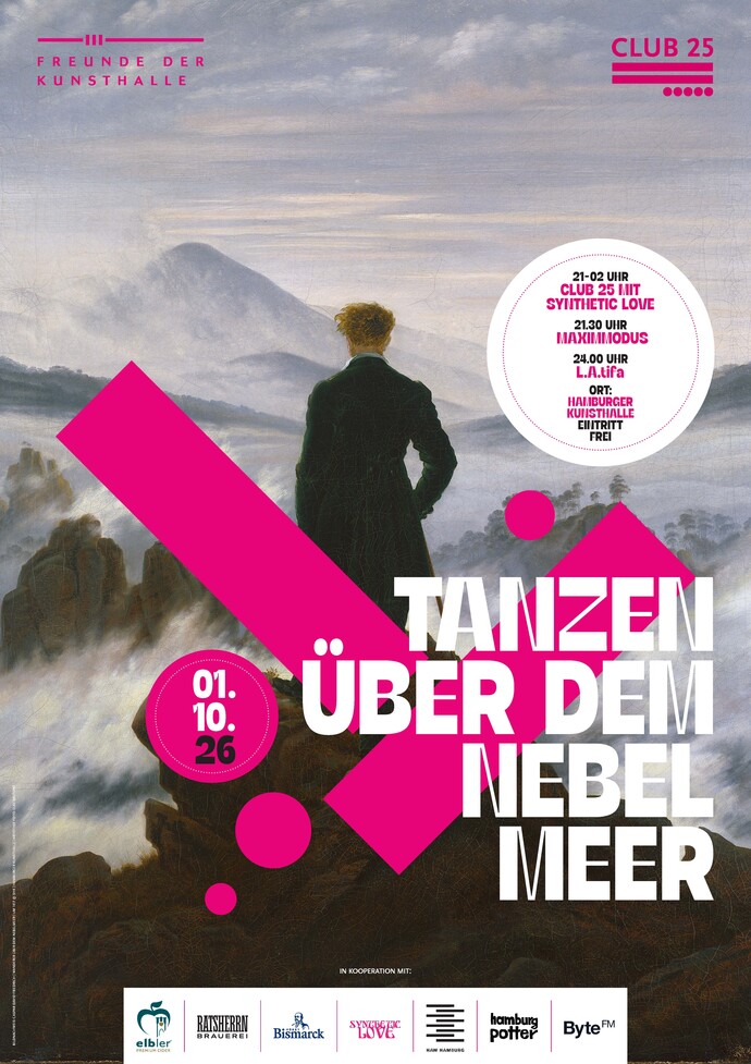 Plakat mit dem Wanderer über dem Nebelmeererson, pinkes Grafik-Overlay mit Text "TANZEN ÜBER DEM MEER"