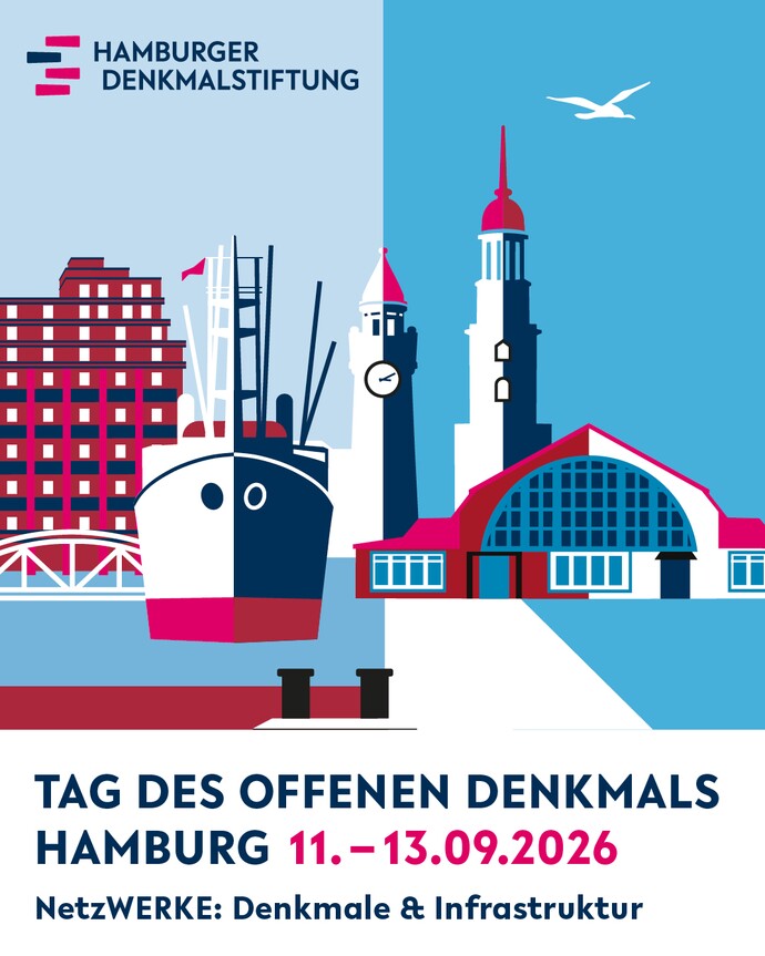 Tag des offenen Denkmals Hamburg Plakat mit Skyline-Silhouette in Rot, Weiß und Blau