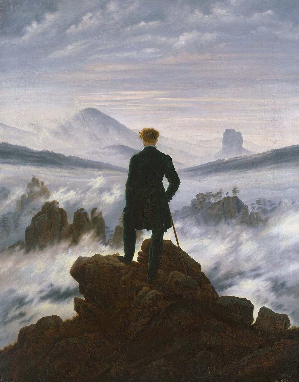 Caspar David Friedrich (1774–1840) Wanderer über dem Nebelmeer, um 1817 Öl auf Leinwand, 94,8 x 74,8 cm Dauerleihgabe der Stiftung Ham¬burger Kunstsammlungen © SHK / Hamburger Kunsthalle / bpk Foto: Elke Walford Caspar David Friedrich (1774–1840) Wanderer über dem Nebelmeer, um 1817 Öl auf Leinwand, 94,8 x 74,8 cm Dauerleihgabe der Stiftung Ham¬burger Kunstsammlungen © SHK / Hamburger Kunsthalle / bpk Foto: Elke Walford