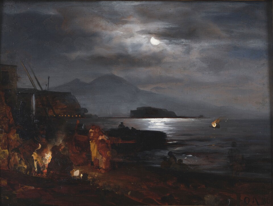Oswald Achenbach (1827–1905) Die Bucht von Neapel im Mondschein, 1886 Öl auf Papier (auf Holz aufgezogen),  240 x 315 mm Sammlung Wormsbächer, Hamburg © Foto: Christoph Irrgang