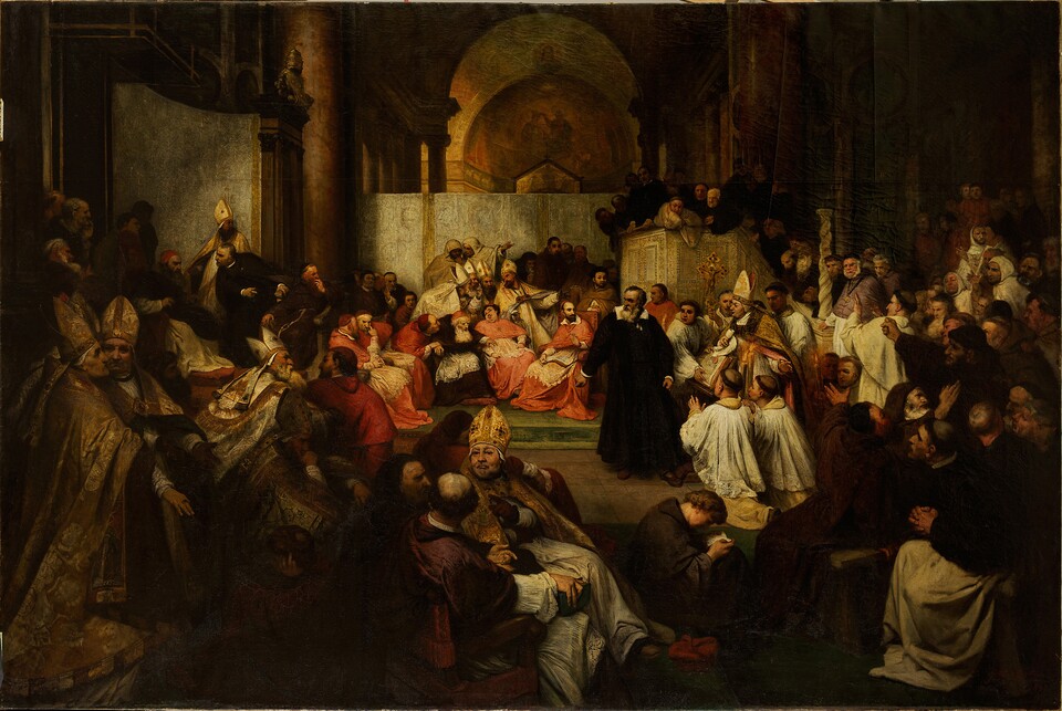 Friedrich Karl Hausmann (1825–1886), Galilei vor dem Konzil, 1861, Öl auf Leinwand, 282 x 429 cm © Archiv Hamburger Kunsthalle, Foto: Christoph Irrgang Friedrich Karl Hausmann (1825–1886), Galilei vor dem Konzil, 1861, Öl auf Leinwand, 282 x 429 cm © Archiv Hamburger Kunsthalle, Foto: Christoph Irrgang