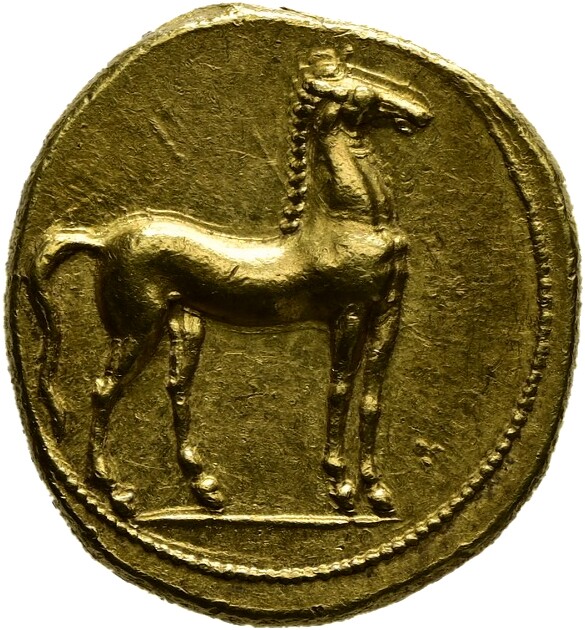 Karthago (350 bis 320 v. Chr.), Rückseite Münze: Gold, Ø 19 mm, 9,56 g © Hamburger Kunsthalle Karthago (350 bis 320 v. Chr.), Rückseite Münze: Gold, Ø 19 mm, 9,56 g © Hamburger Kunsthalle