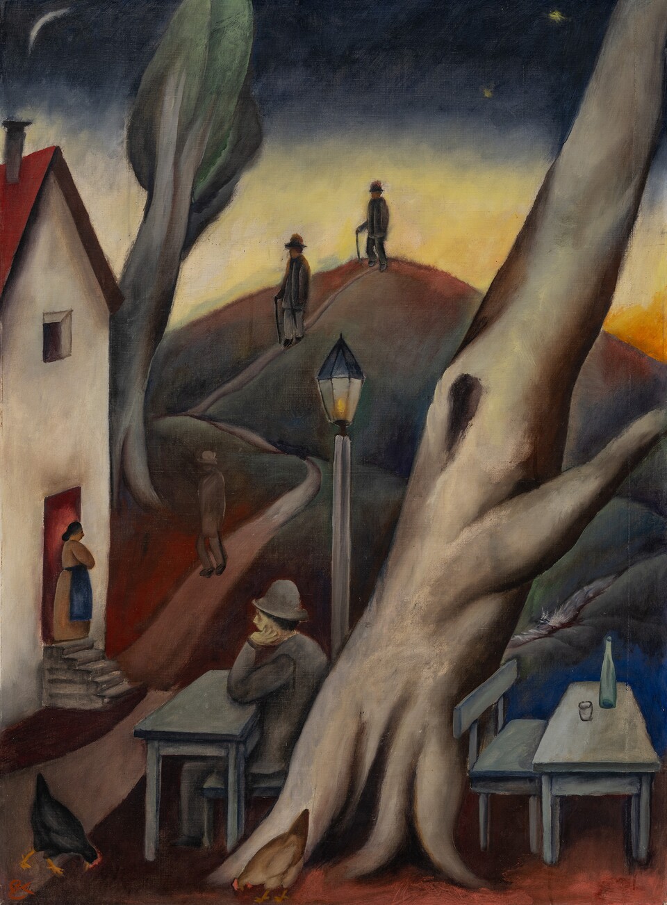 Surrealistisches Gemälde mit kahlen Bäumen und Häusern bei düsterer Abendstimmung