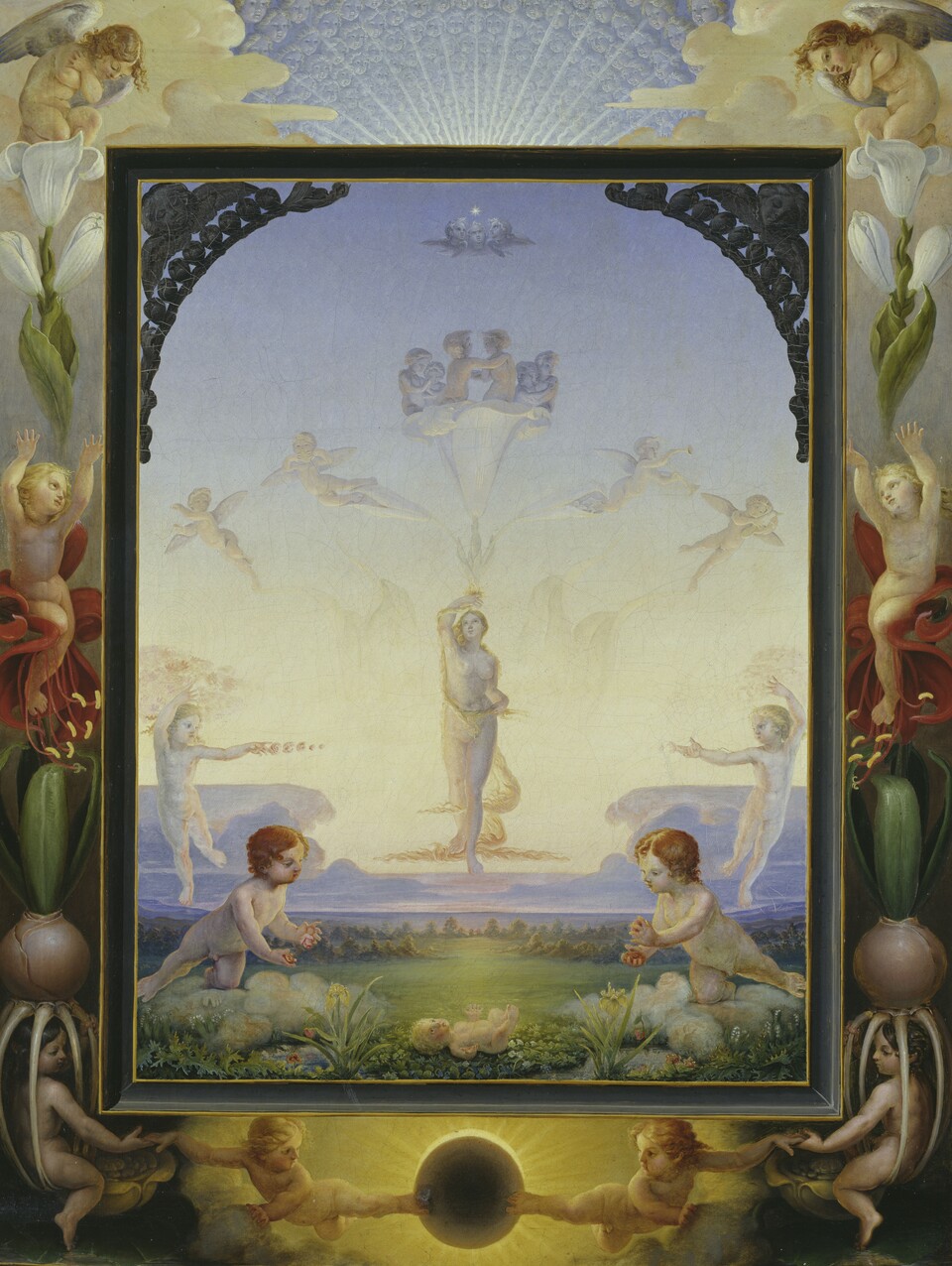 Fantasievolle Gemälde mit Bogenfenster, Springbrunnen und symmetrischen Figuren in Pastellfarben