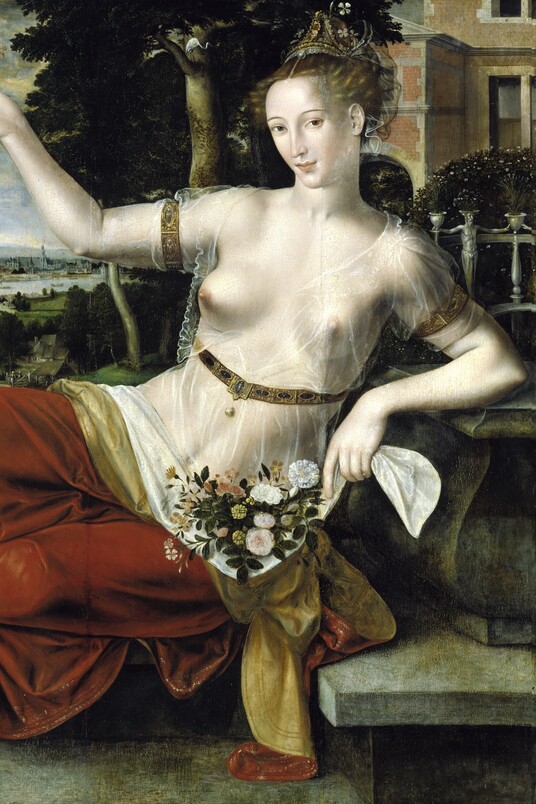 Allegorische Darstellung einer halbnackten Frau mit Blumen in klassischer Landschaft, Renaissance-Gemälde