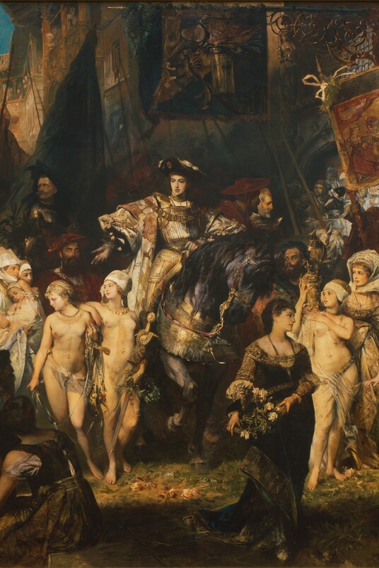 Historisches Gemälde: Der Einzug des Kaisers Karl V. in Antwerpen, in der Mitte auf einem Pferd sizend, umringt von Menschen