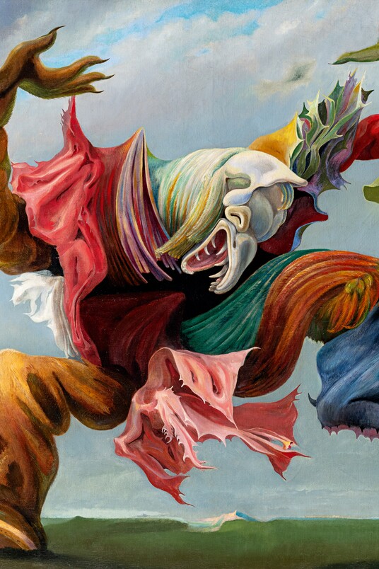 Max Ernst (1891–1976), Der Hausengel (Der Triumph des Surrealismus), 1937, Öl auf Leinwand, 114,2 x 146,5 cm, Collection Hersaint © Vincent Everarts Photography Brussels / VG Bild-Kunst, Bonn 2024