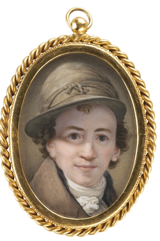Ovales Medaillon mit goldenem Rahmen, Portrait eines jungen Herrn mit Hut im historischen Stil