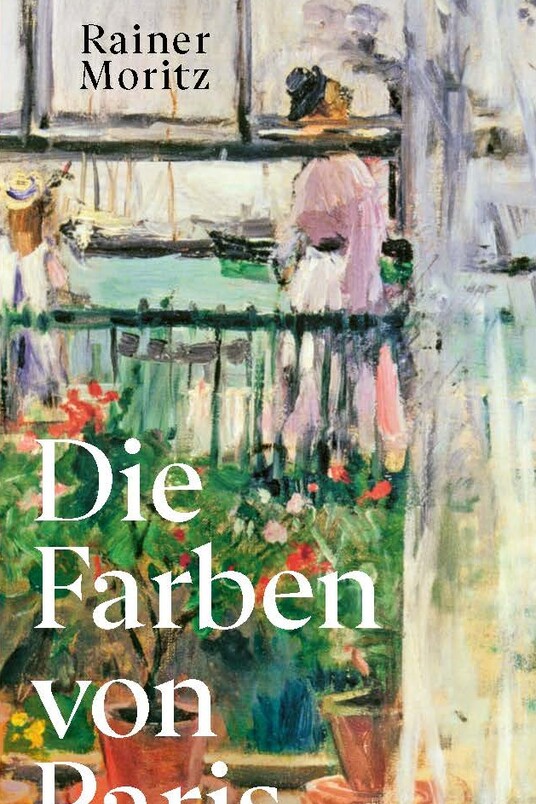 Buchcover mit Gemälde zweier Frauen auf dem Balkon in Pastellfarben, Titel "Die Farben von Paris"
