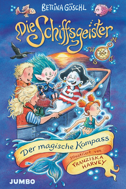 Buntes Kinderbuchcover mit Kindern und Geistern auf blauem Hintergrund
