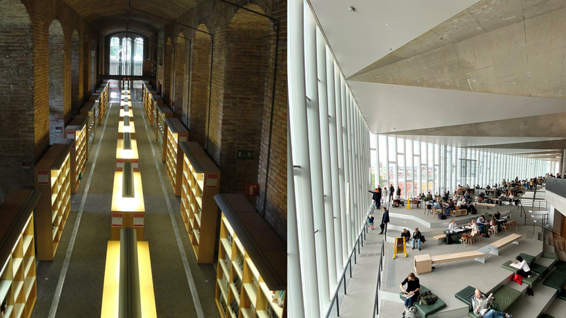 Abb. links: Bibliothek der Universität Pompeu Fabra, Barcelona, Foto: Klaus Still; Abb. rechts: Deichman Bjørvika, Oslo Public Library, Foto: Klaus Still