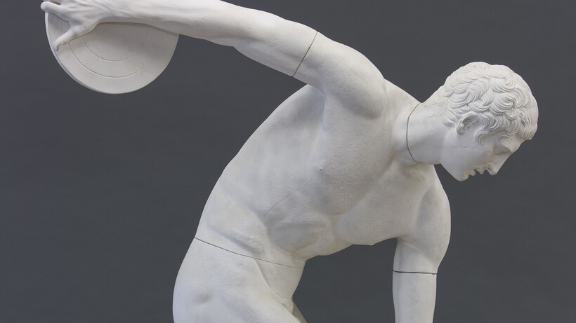 Antiker Diskuswerfer, Gipsabguss nach Diskobol des Myron, Original um 460 v. Chr., römische Kopie 117–138 n. Chr., 2. Hälfte 19. Jh.