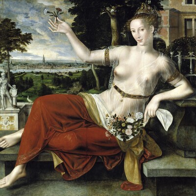 Allegorische Darstellung einer halbnackten Frau mit Blumen in klassischer Landschaft, Renaissance-Gemälde