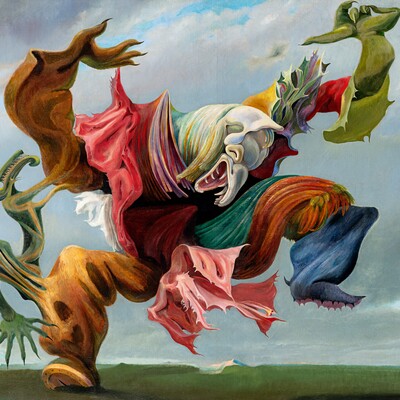 Max Ernst (1891–1976), Der Hausengel (Der Triumph des Surrealismus), 1937, Öl auf Leinwand, 114,2 x 146,5 cm, Collection Hersaint © Vincent Everarts Photography Brussels / VG Bild-Kunst, Bonn 2024