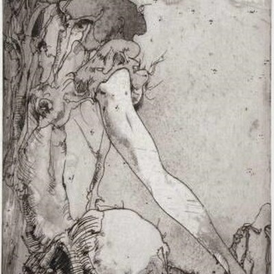 Horst Janssen (1929-1995), Undine, 1973,  Strichätzung, Flächenätzung, Kaltnadel auf Kupferplatte in Schwarz und Grau © VG Bild-Kunst, Bonn