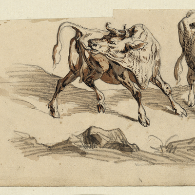 Schmale, unregelmäßig beschnittene Bleistiftskizze um 1800 von zwei Rindern und einem bellenden Hund