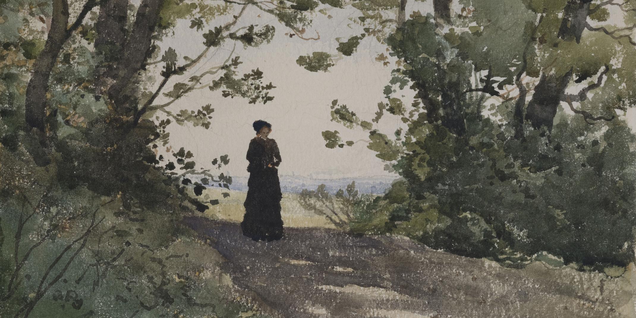 Henri Joseph Harpignies (1819-1916) Frau auf einem Waldweg (Detail), 1880   Aquarell, 280 x 400 mm Sammlung Wormsbächer, Hamburg © Foto: Christoph Irrgang, Hamburg