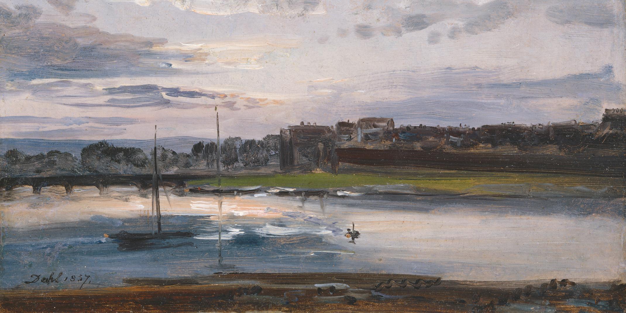 Johann Christian Dahl, Elbe am Neustädter Ufer in Dresden im Abendlicht, 1837, Öl auf Papier, 25,7 x 35 cm, 