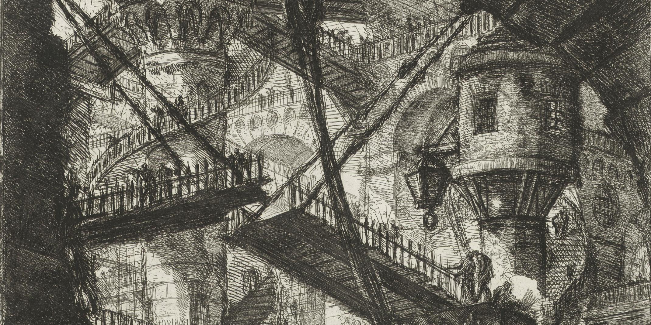 Giovanni Battista Piranesi, (1720–1778), Die Zugbrücke, um 1835 (Erstdruck 1761),  Radierung, 553 x 412 mm (Platte), 835 x 580 mm (Blatt)