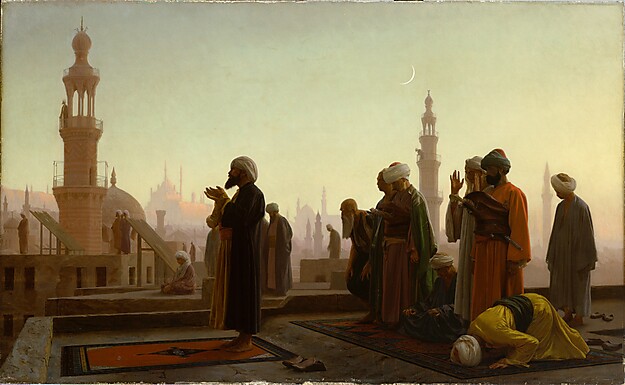 Gemälde mehrerer Menschen im Gebet auf einer Dachterrasse bei Sonnenuntergang mit Minaretten im Hintergrund