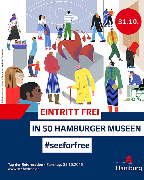 Werbegrafik für freien Eintritt in 50 Hamburger Museen am 31. Oktober, mit illustrierten Personen in einem Museum