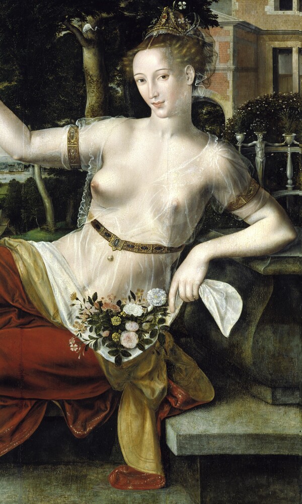 Allegorische Darstellung einer halbnackten Frau mit Blumen in klassischer Landschaft, Renaissance-Gemälde