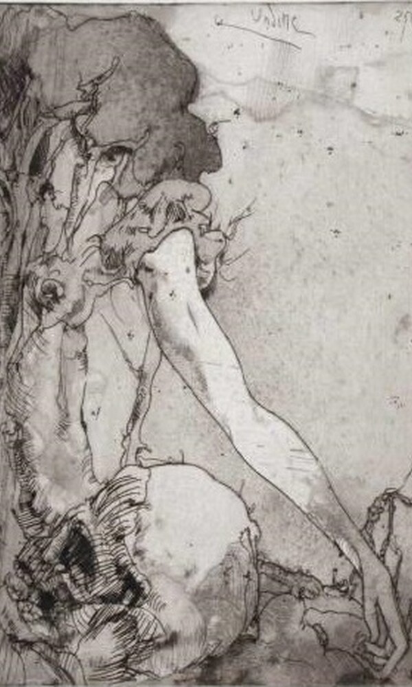 Horst Janssen (1929-1995), Undine, 1973,  Strichätzung, Flächenätzung, Kaltnadel auf Kupferplatte in Schwarz und Grau © VG Bild-Kunst, Bonn