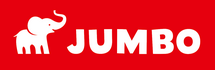 Weißer Elefant und Schriftzug "JUMBO" auf rotem Hintergrund, Logo